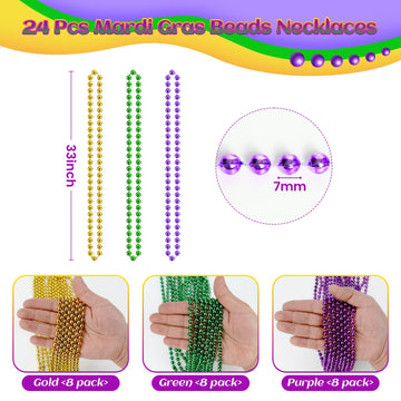 SHAOQINLIN Mardi Gras Beads, 24Pcs Mardi Gras Beads Necklaces 33'' 7 mm Metallic Gold Green Purple Bead Necklaces Mardi Gras Dec