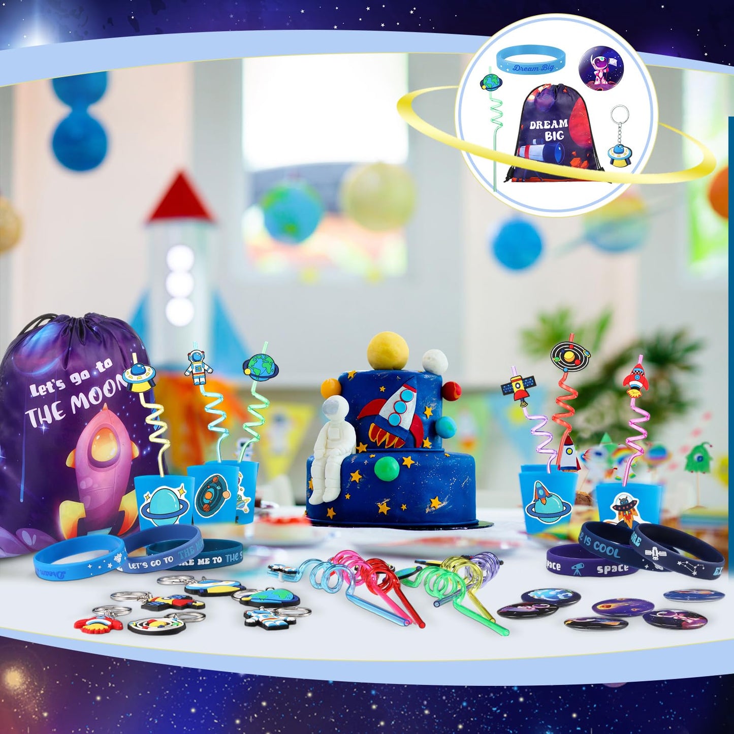 Sadnyy 140 Pcs Space Party Favors Outer Space Gift Bulk Galaxy Drawstring Backpack with Silicone Bracelet Straws Keychains Pin B