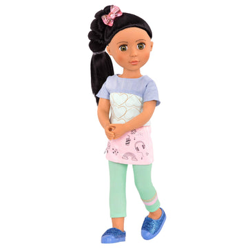 Glitter Girls – Soo Ji 14-Inch Poseable Fashion Doll – Black Hair & Hazel Eyes —Hearts Outfit With Blue Glitter Shoes – Toys, Clothes, And Accessories For Kids Ages 3+
