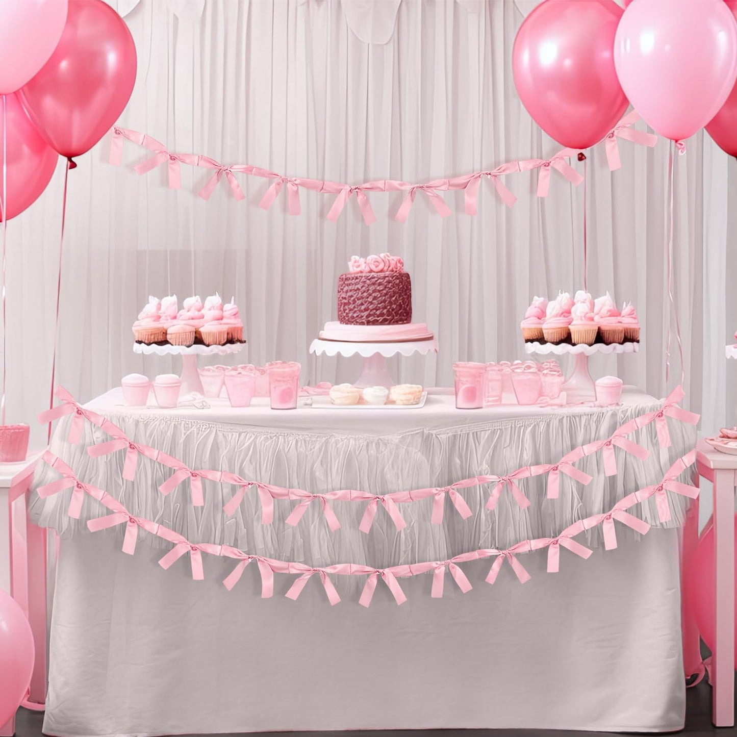 Trandraft 2 Pcs Pink Bow Garland Banner 16.4 FT Bow Party Decortions for Girls Pink Bow Ribbon Banner Bow Birthday Baby Shower D