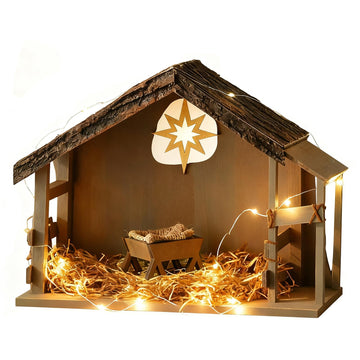 Storieme Nativity Stable with LED Lights: 15.6 x 11.02 Inch Christmas Wooden Manger Creche for 7 & 8 Inch Holy Family Figures - Farmhouse Religious Xmas Decorations (Stable Only)