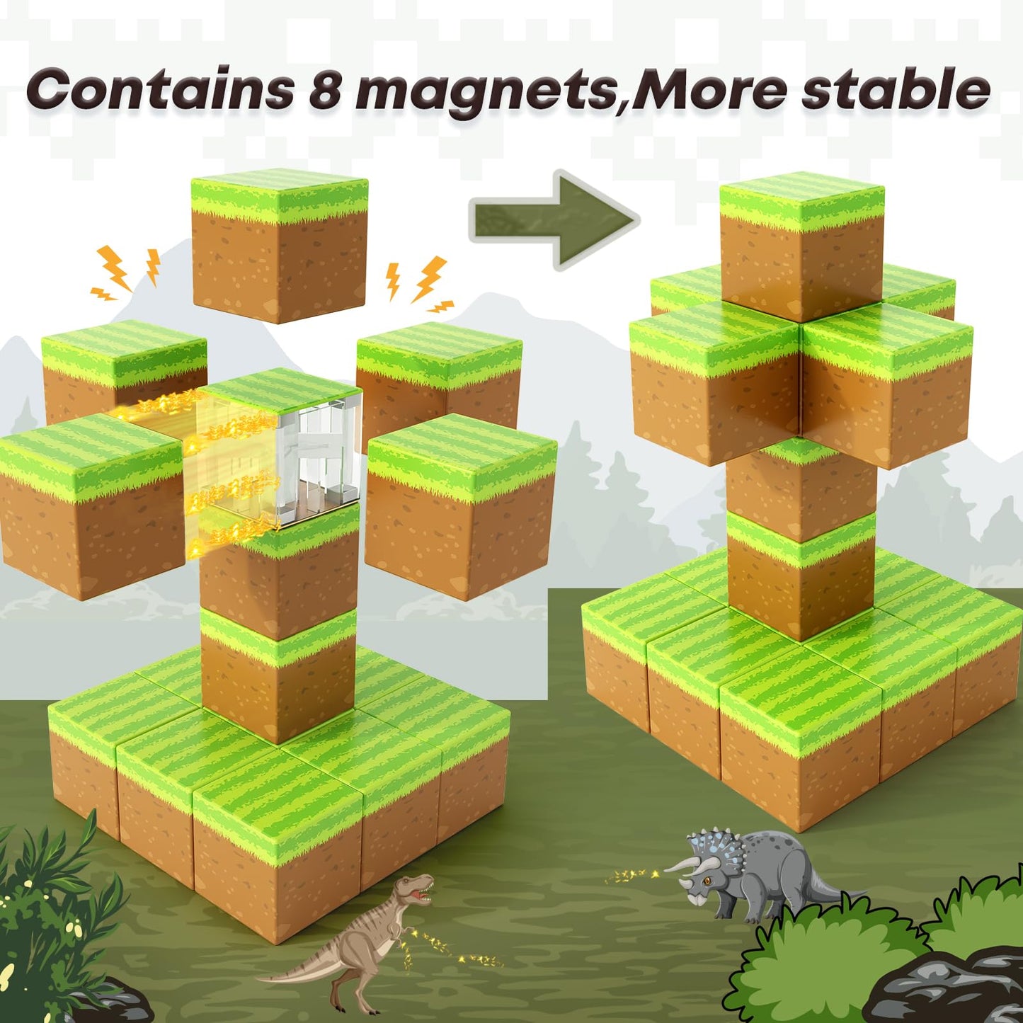 Magnetic Blocks-Build Mine Magnet World Grass Edition, Magnetic Toys For Boys & Girls Age 3-4 4-5 6-8, Stem Montessori Sensory Toys For Toddlers Gifts For 3+ Years Old Girls Boys