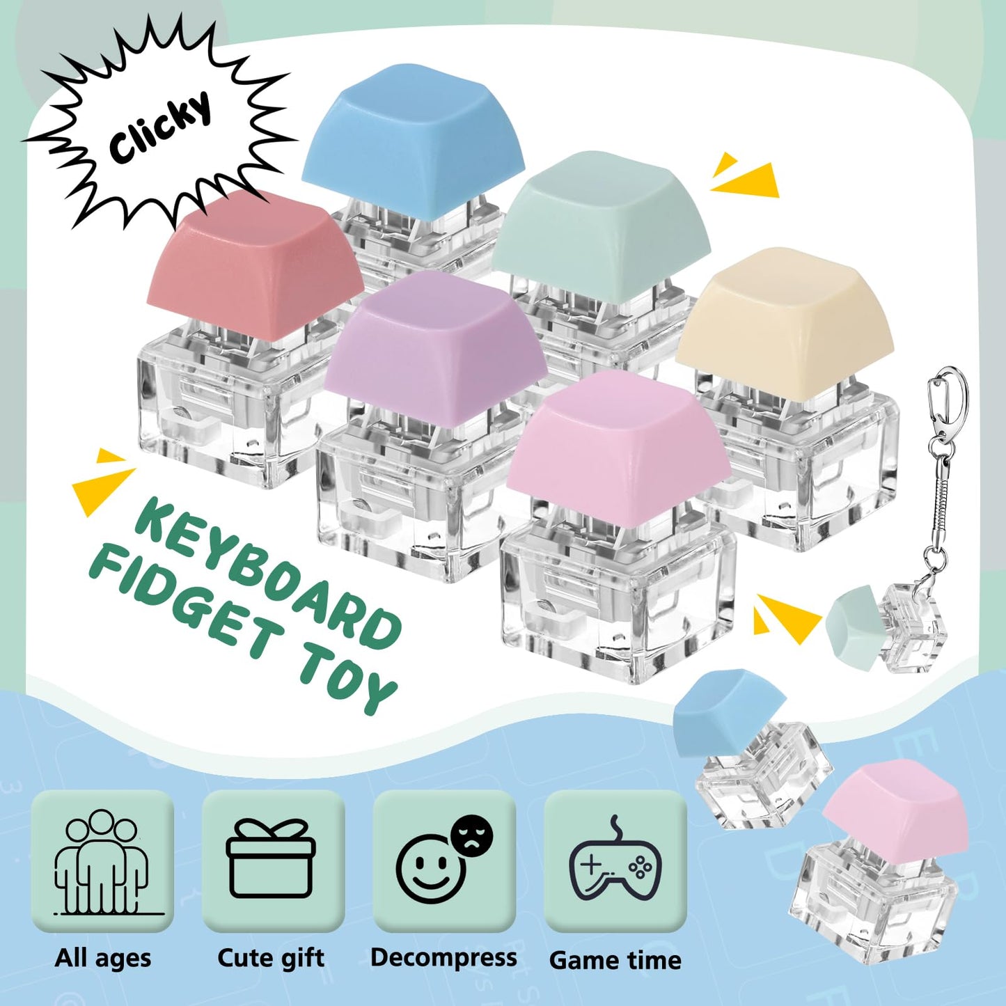 Axlksia 6 Pcs Keyboard Fidget Toy, Fidget Clicker Keyboard Fidget Keychain, Button Fidget Gifts for Adults to Relieve Stress and