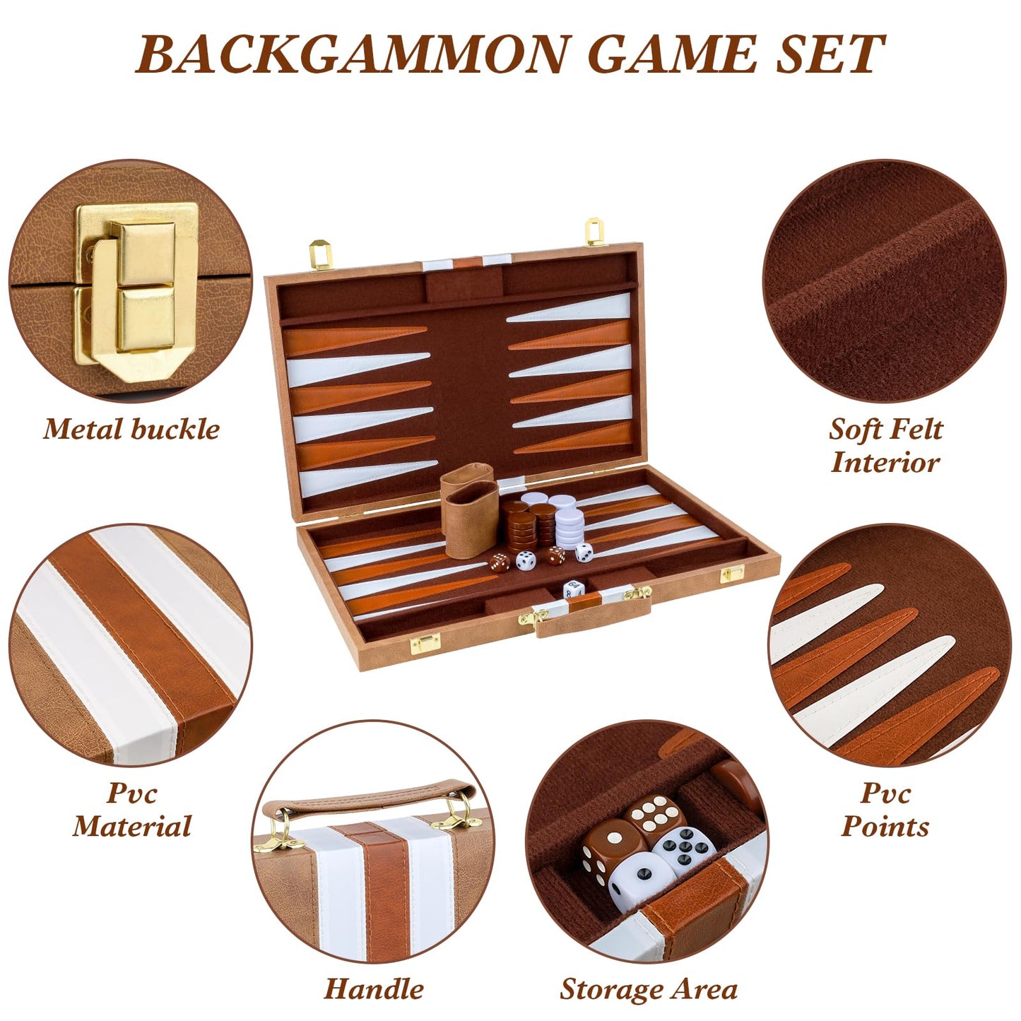 Reriver Backgammon Set 2 Players Classic Backgammon Sets For Adults Board Game With Pu Leather Case Portable And Travel Backgammon Set (Retro Brown, 18Inch)
