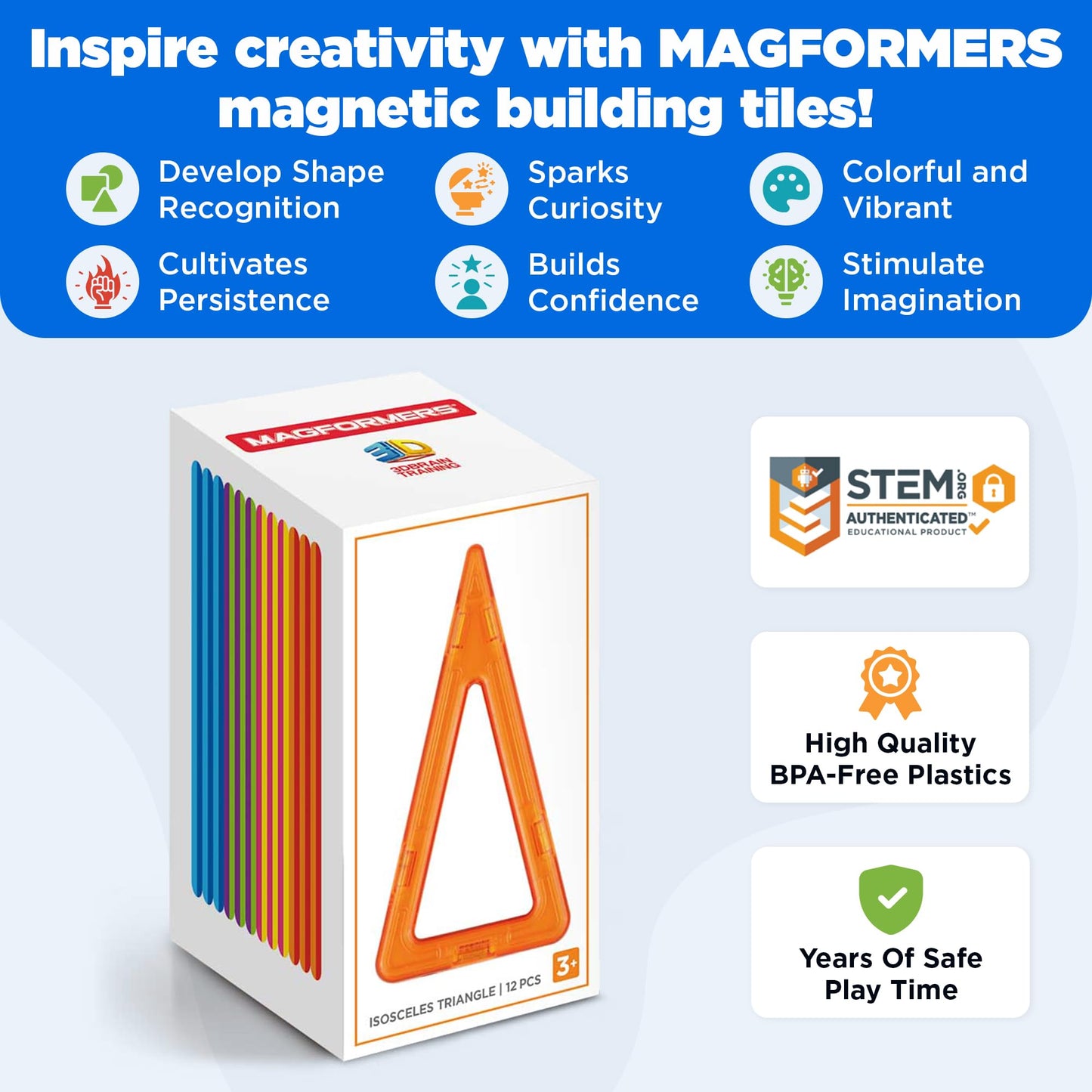 Magformers Isoseles Triangle 12 Pieces Rainbow Colors, Educational Magnetic Geometric Shapes Tiles Building Stem Toy Set Ages 3+