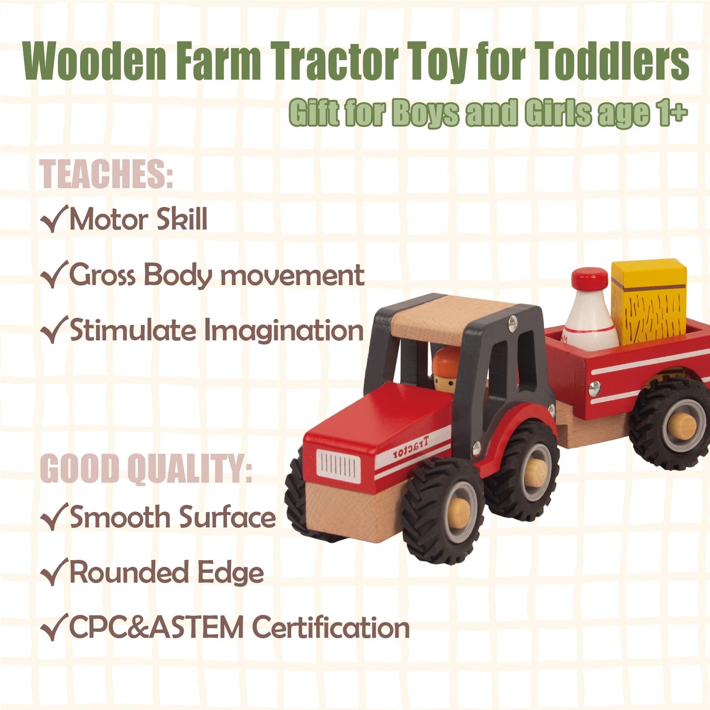 WoodenEdu Wooden Tractor Toy - Red Hand Push Car for Toddlers 1-3 Years, Baby Vehicle for Boys & Girls, Fun Educational Play.
