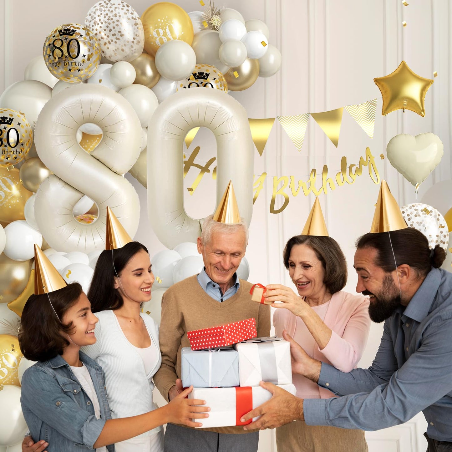 80Th Birthday Decorations Sand White Gold,80Th Birthday Balloon Arch Garland Kit With Happy 80Th Birthday Number 80 Foil Balloon