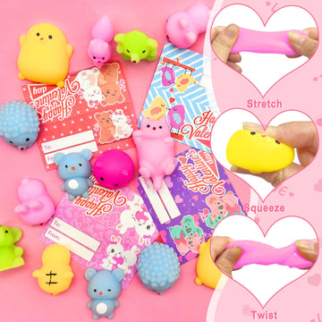 36 Pack Valentine'S Day Cards For Kids Prefilled Animals Mochi Squishies Toys Fidget Stress Relief Toys Squeeze Toys Valentines