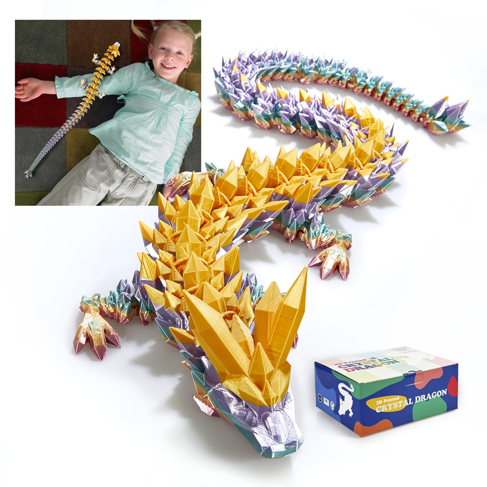 Rwsefk 24 In 3D Printed Dragon, 24Inch Dragon,3D Dragon Toy,Large Dragon Present,Ariculated Crystal Dragon(Gold Rainbow)