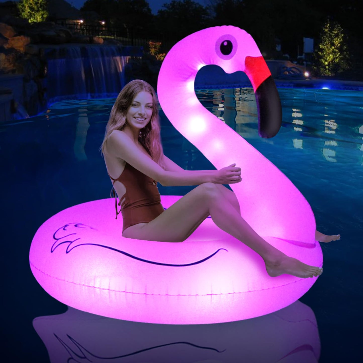 Flyfreeu Flamingo Inflatable Pool Floats With Lights, Solar Powered Flamingo Swim Tube Rings For Adults, 42'' Swimming Ring Lake