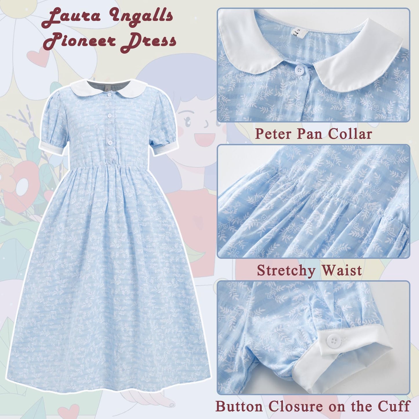 FORTMAC Pioneer Dresses for Girls Colonial Prairie Dress Girls Short Sleeves 1800s Pilgrim Costume with Apron and Bonnet Blue 6-