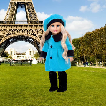 Parisian Stroll - 4 Piece Outfit - Blue Fleece Coat With Matching Beret, Black Leggings And Boots - Clothes Fits 18 Inch Doll (Doll Not Included)