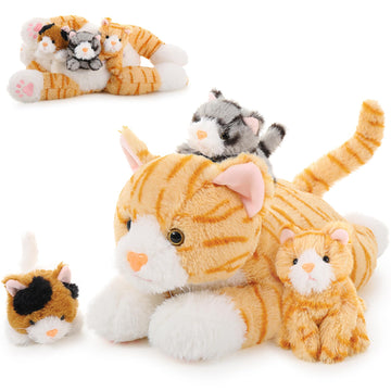 Muiteiur 4 Piece Cats Stuffed Animals, 15.7 Inch Mom Plush Cat With 3 Kittens Stuffed In Zipper Pouch, Cute Yellow Mom And Baby Stuffed Cats For Kids Girls Boys