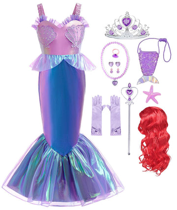 Luzlen Litttle Mermaid Costume Girls Princess Ariel Dress Up Purple Outfit With Wig For Birthday Halloween Cosplay Party, 2-3T(Tag 100)