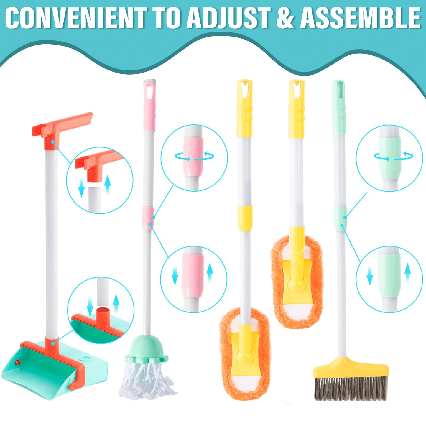 Tuzt 14Pcs Toddler Kids Cleaning Toy Set, Kids Adjustable Mop Broom & Dustpan Set, House Cleaning Tool Toys For Toddlers 1-3,Mon