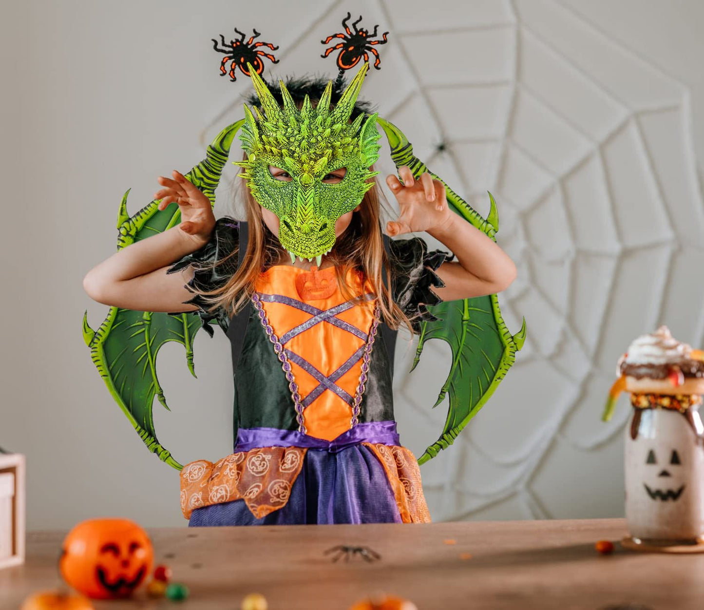Darlion Dragon Wings Costume Children'S Props Cosplay Wing Dinosaur Tail Mask Set For Kids (Green)