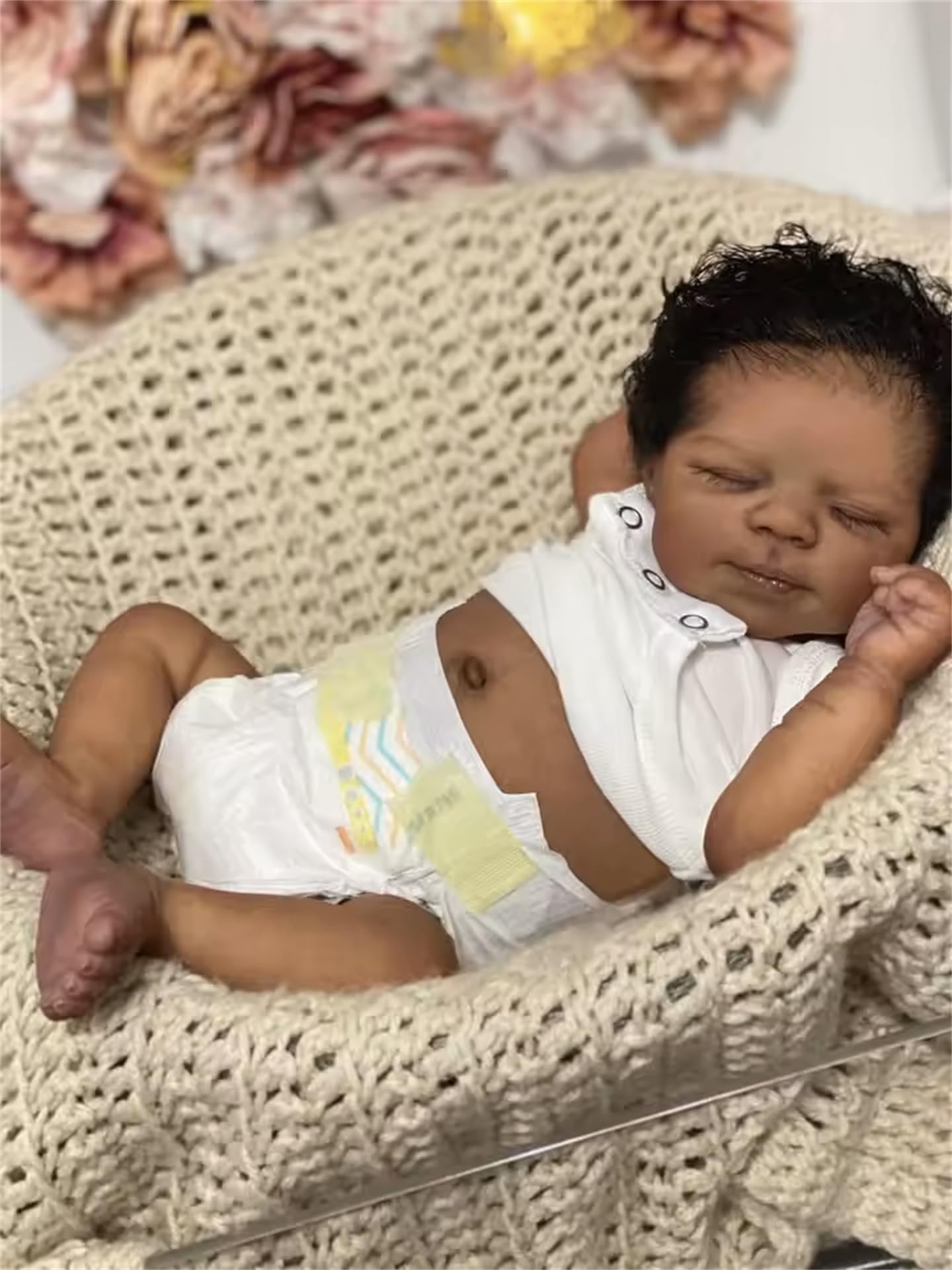 Zero Pam Reborn Baby Dolls Black Boy Sleeping with Curly Hair, 18 Inch African American Soft Vinyl Full Body Silicone Realistic 