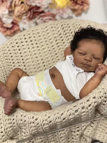 Zero Pam Reborn Baby Dolls Black Boy Sleeping with Curly Hair, 18 Inch African American Soft Vinyl Full Body Silicone Realistic 