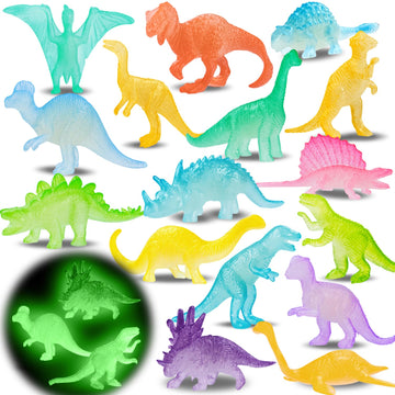 16Pcs Glow In Dark Mini Dinosaur Figures For Kids Birthday Party Favors Supplies Dino Cupcake Topper Goodie Gift Treat Bag Stuffers Pinata Fillers Treasure Box Carnival Prizes Small Bulk Toys Trinkets