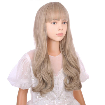 Wavelnm Kids Blonde Wig With Bangs Ash Blonde Child Wig Girls Long Wavy Curly Dirty Blonde Wig For Kids Synthetic Wigs With Wig