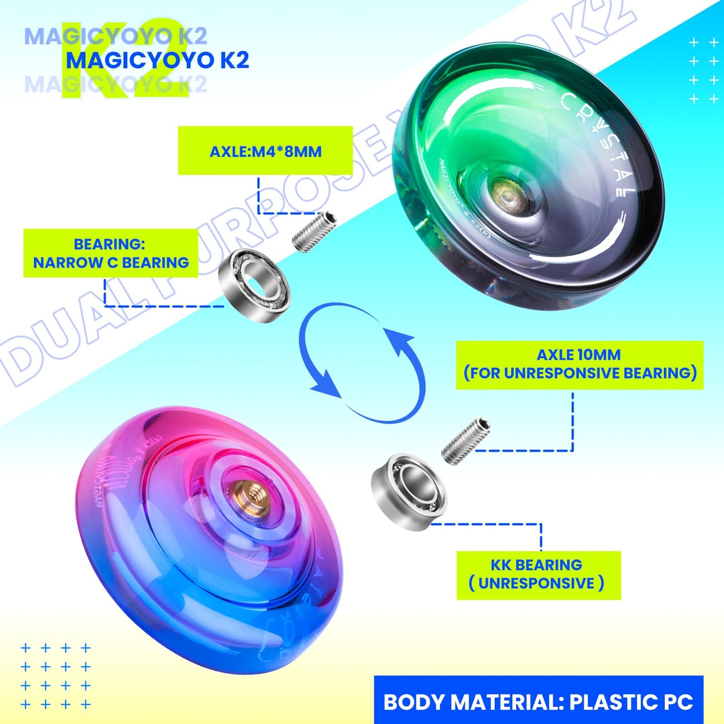 MAGICYOYO K2 Professional Yoyo Set - 2 Pack (Responsive/Unresponsive) with Strings & Case - Pink Purple/Black Green - Ideal for Kids/Beginners