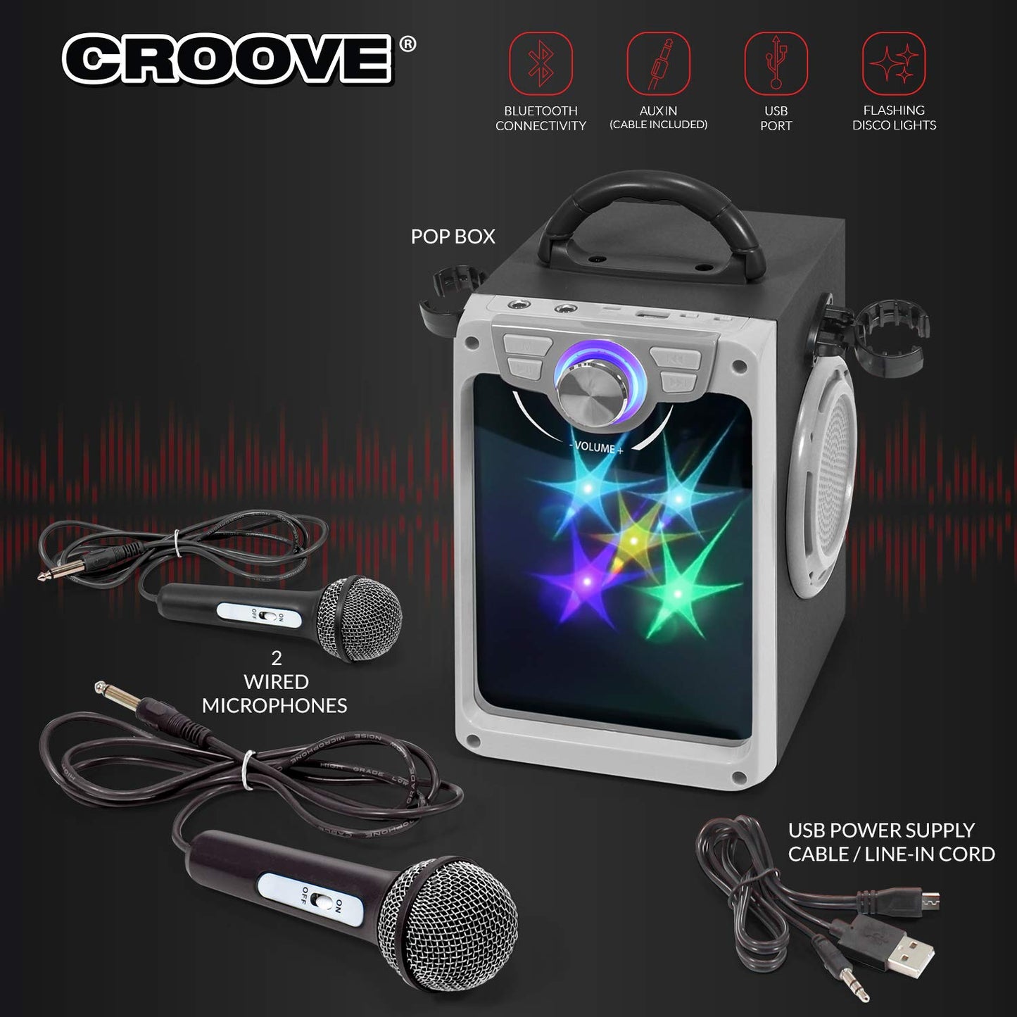 Croove Karaoke Machine for Kids - Bluetooth & AUX with 2 Microphones, Flashing Lights, Black