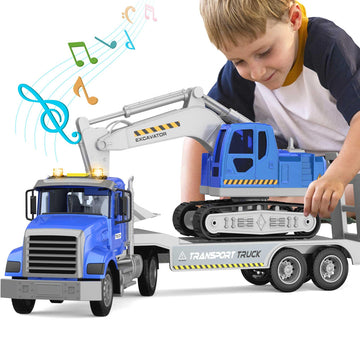 DOWELLIN Transports Truck Kids Toys, 22'' Large Semi Truck Toy Carrier and Excavator Truck with Sound&Light, Cars Toy for Boys G