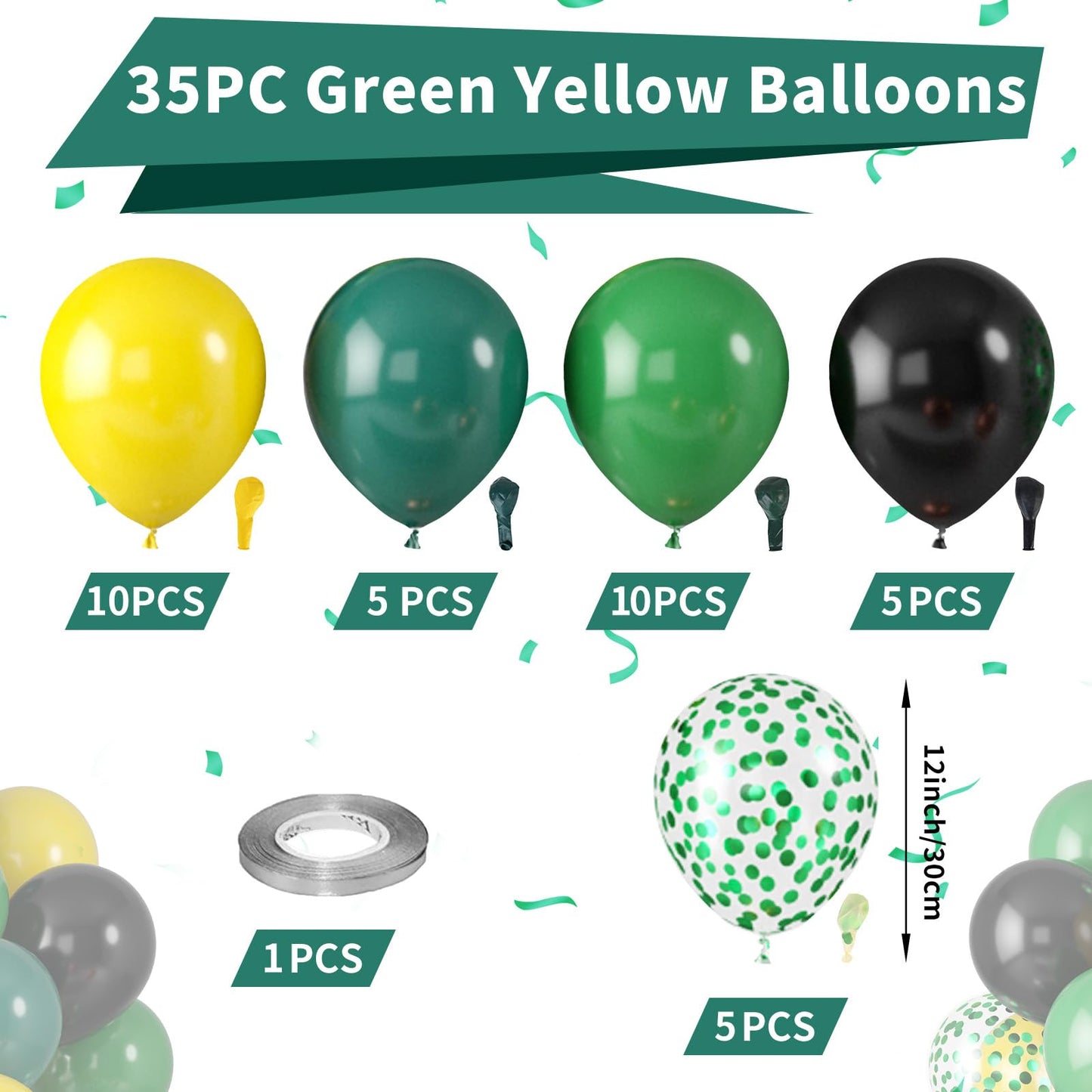 Green And Yellow Balloons, Tractor Football Sport Theme Balloon, Black Yellow Balloon, Vintage Dark Green Balloons Green Confett