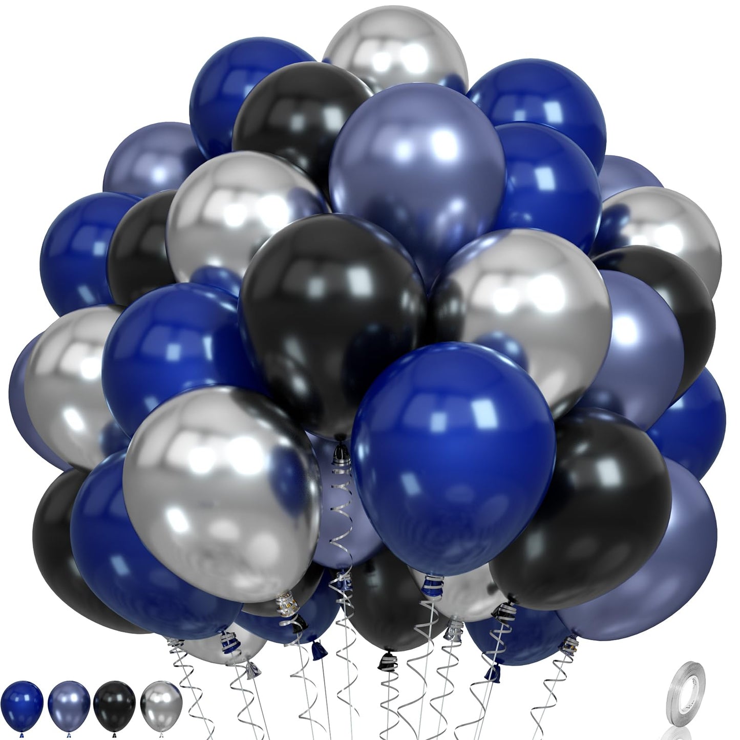 Paready Metallic Balloons Set - Blue, Black & Silver - Rubber Party Balloons for Kids & Adults - Birthday, Wedding, Baby Shower