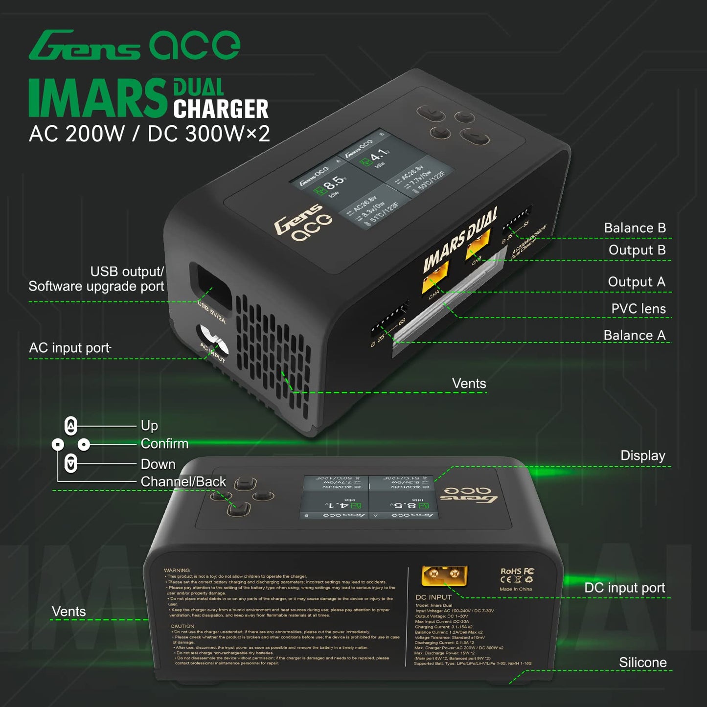 Gens Ace Lipo Battery Charger Imars Dual Smart Lipo Charger 15A AC 200W DC 600W RC Charger(Black)