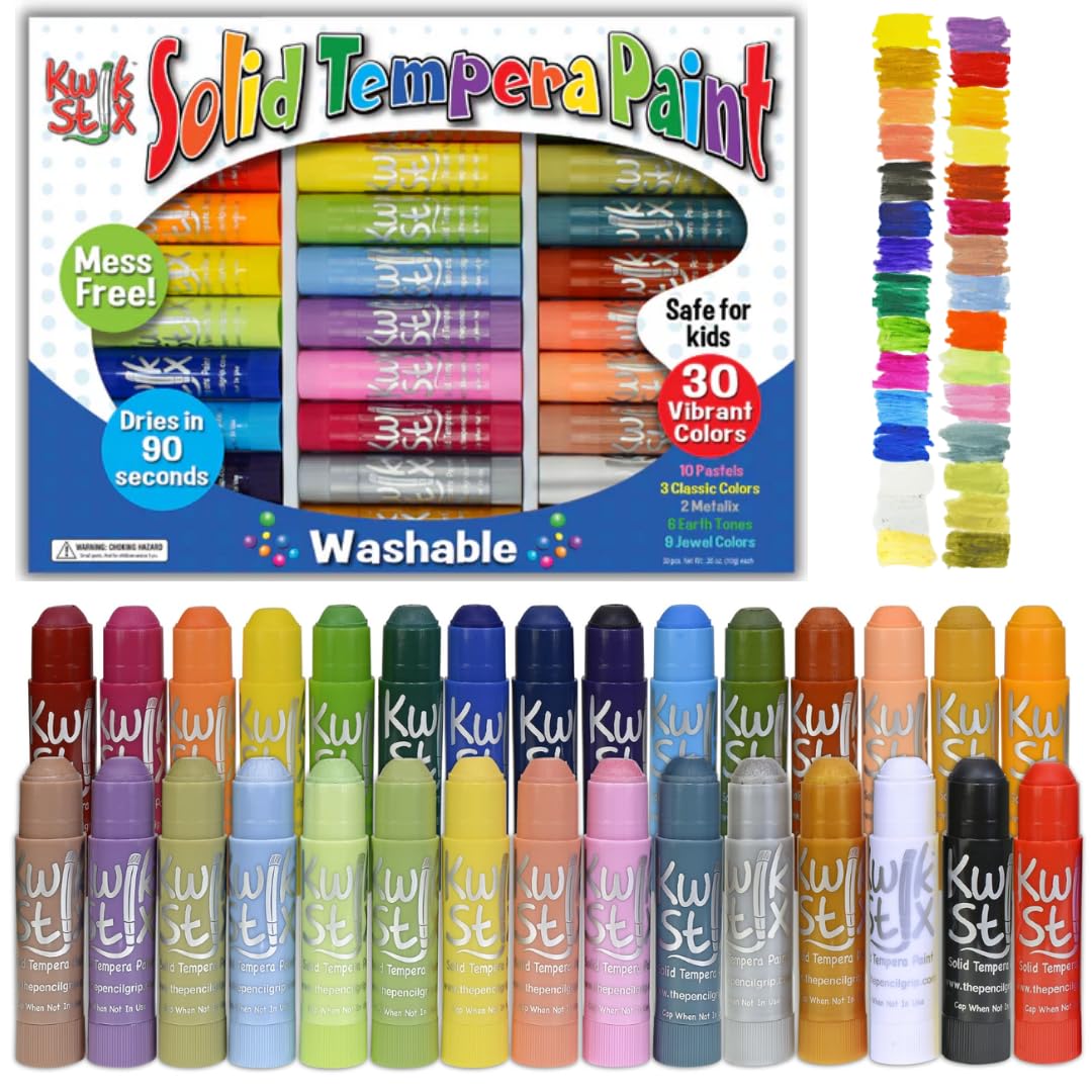 Kwik Stix Solid Tempera Paint Sticks, 30 Colors, Washable Paint Sticks for Kids, Super Quick Drying, Non-Toxic, Allergen Free, P
