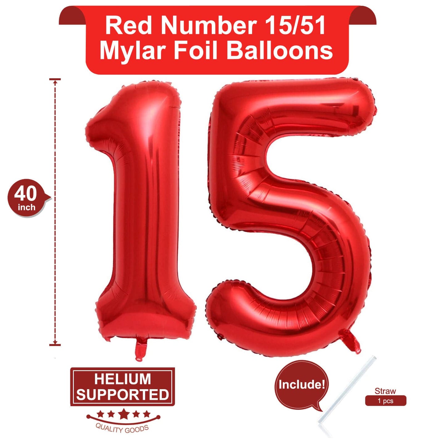 40 Inch Red 15 Number Balloons Giant 15 Or 51 Balloons Red Birthday 15 Balloons 15Th Birthday Anniversary Party Decorations Supp