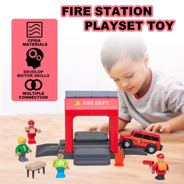 Fire Station Playset Toy For Wooden Train Track,Creative City Firestation Shed Railway Accessories Preschool Learning Educationa