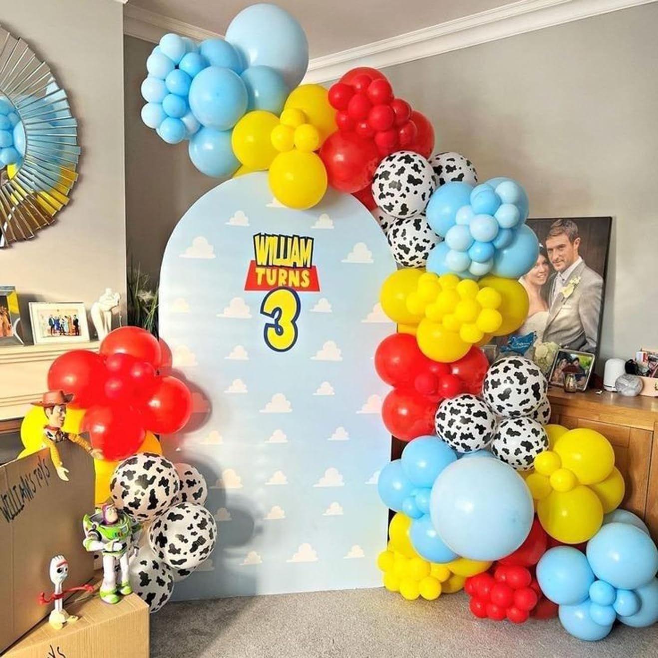 Toy Inspired Story Balloons, 12 Inch Red Blue Yellow Balloons With Cow Print Sky Blue Cloud Balloons For Kids Boys Girls Inspire