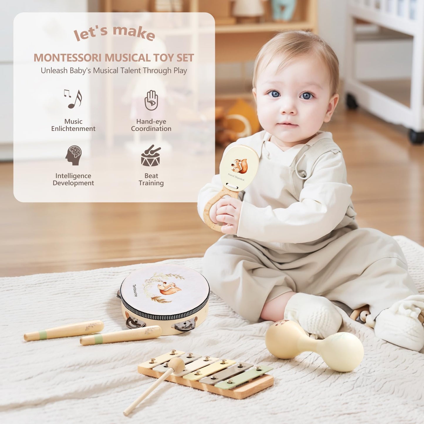 Baby Wooden Montessori Musical Instruments Set For Toddlers - Neutral Colors Percussion Set With Modern Boho Xylophone Tambourin