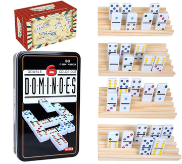 GOTHINK Dominoes Set for mature-themeds with 4 Wooden Trays/Racks  Double 6 Dominoes Set Travel Set with 4 Tiles Holders  28 Tile Colored Dot Dominos in Tin Box Classic Family Board Games for 2-4 Players