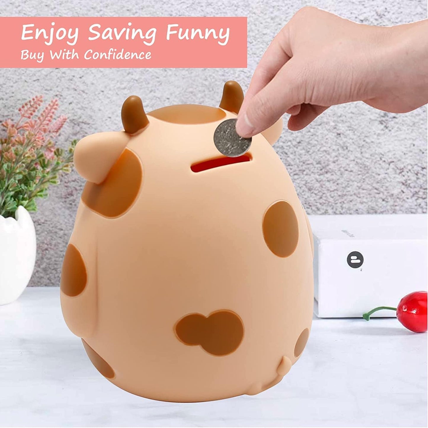 H&W Cow Piggy Bank, Unbreakable Coin Box For Kids, Cute Animal Money Bank Birthday For Boys Girls,Coin Saving Boxes (Yellow)