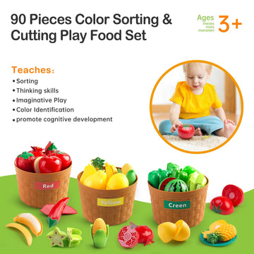 JokerKing 90Pcs Kitchen Playset Accessories, Pretend Cooking with Pots, Pans, Cookware, Food, Fruit, Veges, Color Sorting Basket