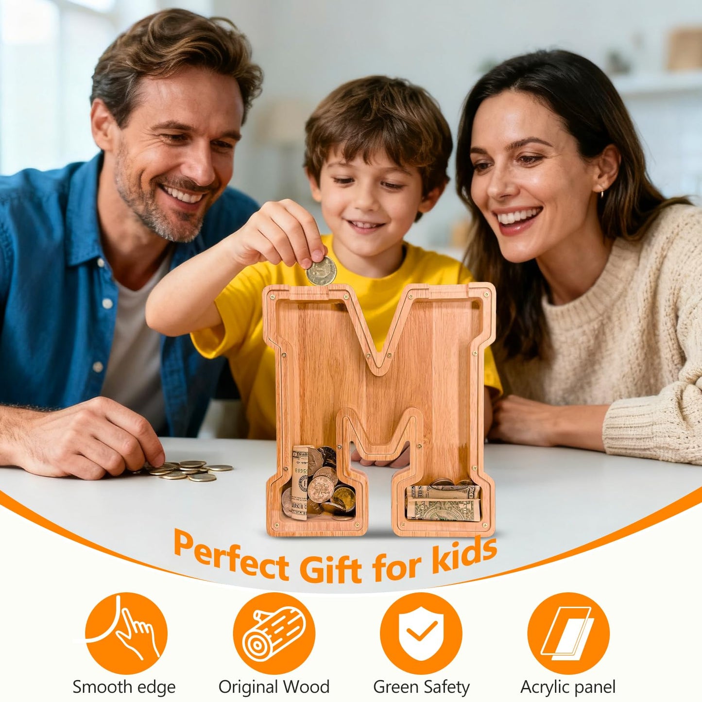 Wooden Letter Piggy Bank for Kids  Initial Coin Bank for Boys and Girls  First Name Personalized Savings Bank for Birthday Boys Girls Gift Piggy Bank for Kids (Wood  S9-M)