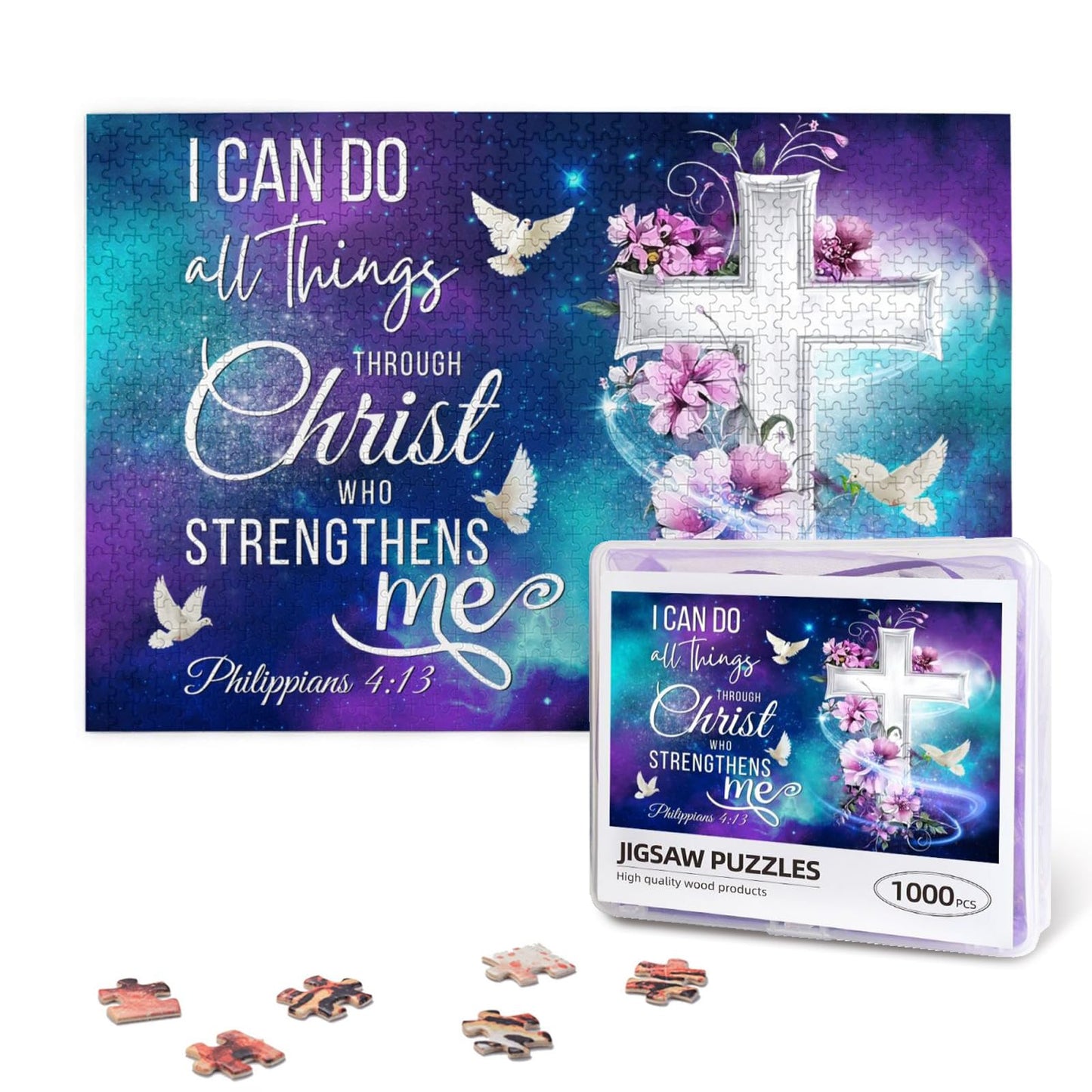 Christian Jigsaw Puzzles 1000 Pieces for Adults, Shining Cross & Philippians 4:13 Bible Verse, Uplifting Religious Wooden Puzzle