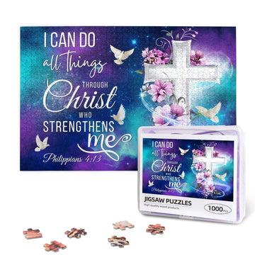 Christian Jigsaw Puzzles 1000 Pieces for Adults, Shining Cross & Philippians 4:13 Bible Verse, Uplifting Religious Wooden Puzzle