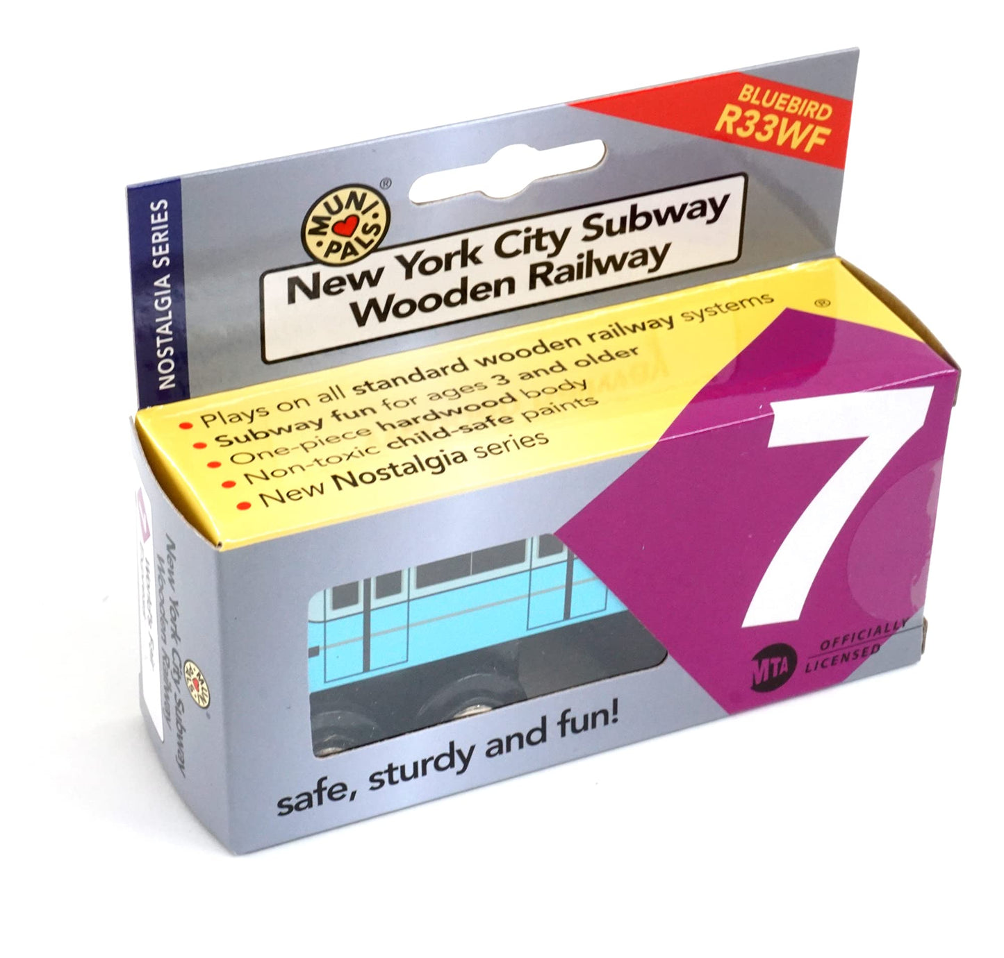 Muni Pals Munipals New York City Subway Wooden Railway (Nostalgia Series) Bluebird 7 Train/World’S Fair Express–Child Safe And Tested Wood Toy Train