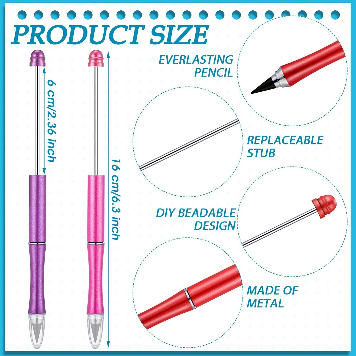 Maitys 14 Pcs Metal Beadable Pencil with 42 Pcs Replacement Nibs Inkless Everlasting Pencil DIY Reusable Eternal Writing for Kid