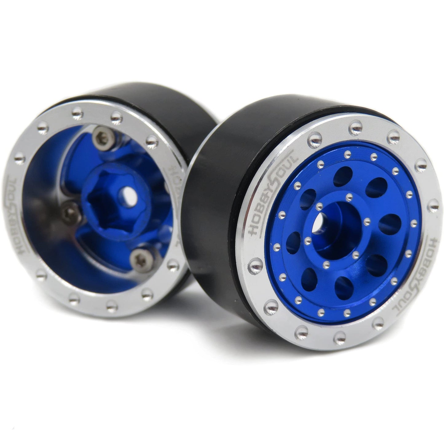 Hobbysoul Heavy 1.0 Beadlock Wheels Rims, Adjustable Offset Rc 1.0 Wheels Silver Blue For 1/18 Traxxas Trx4M Axial Scx24 Crawler