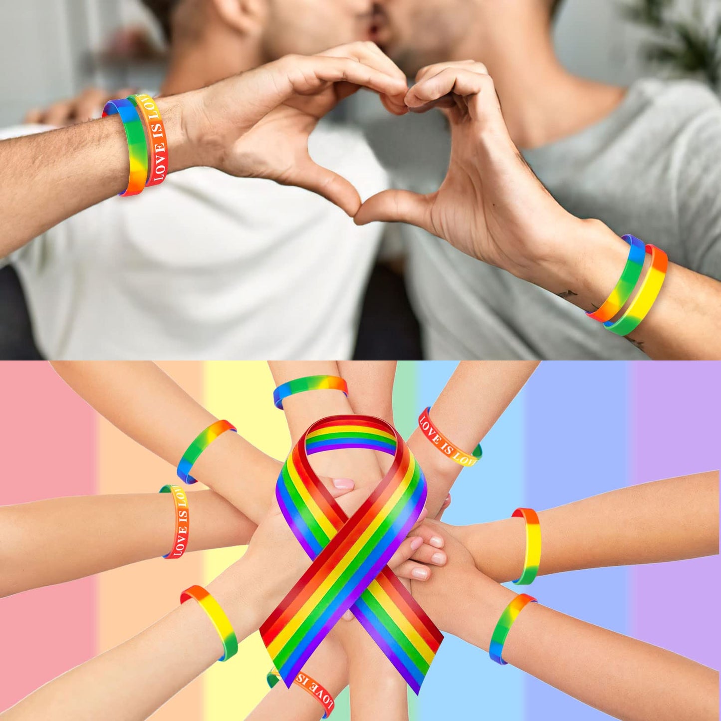 JUNEBRUSHS 42pcs Gay Pride Silicone Bracelets LGBT Sports Rubber Wristbands Accessories for Parades Decorations Party Favors