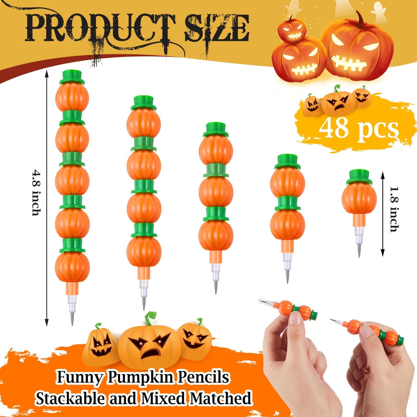 Faccito 48 Pcs Halloween Pumpkin Stackable Pencils for Kids Stacking Point Pencils Party Favors for Fall Halloween Pumpkin Thank