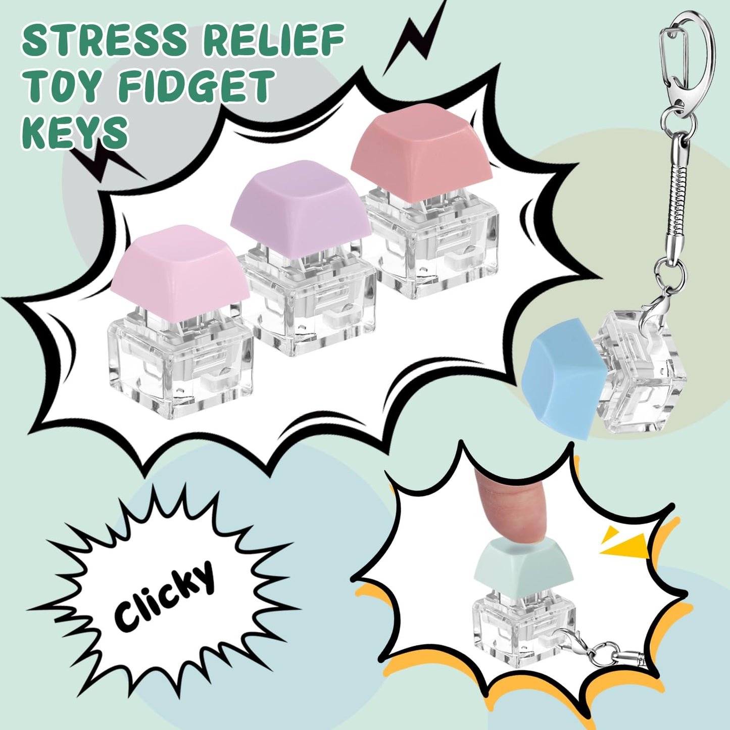 Axlksia 6 Pcs Keyboard Fidget Toy, Fidget Clicker Keyboard Fidget Keychain, Button Fidget Gifts for Adults to Relieve Stress and