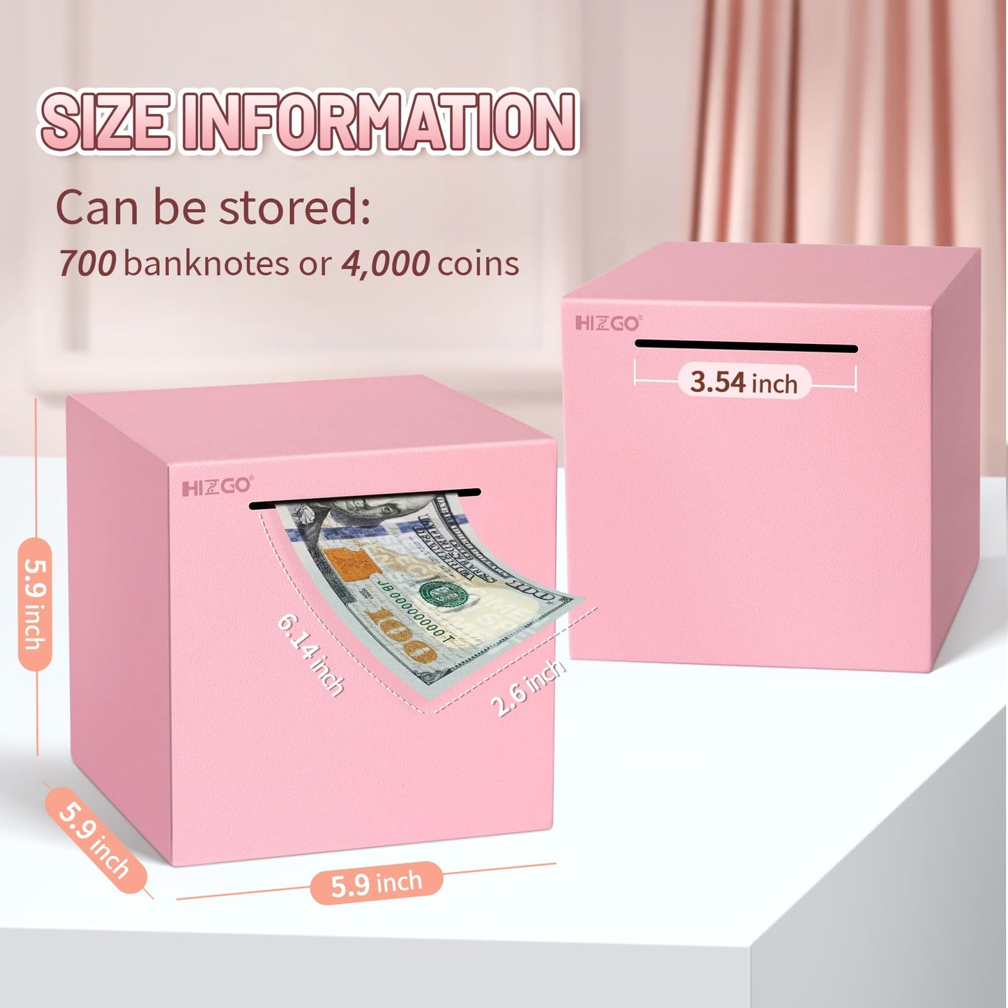 Hizgo Adults Pink Piggy Bank, Stainless Steel Piggy Bank For Adults/Kids Must Break To Open, Unopenable Money Saving Box(5.9-Inch, Pink)