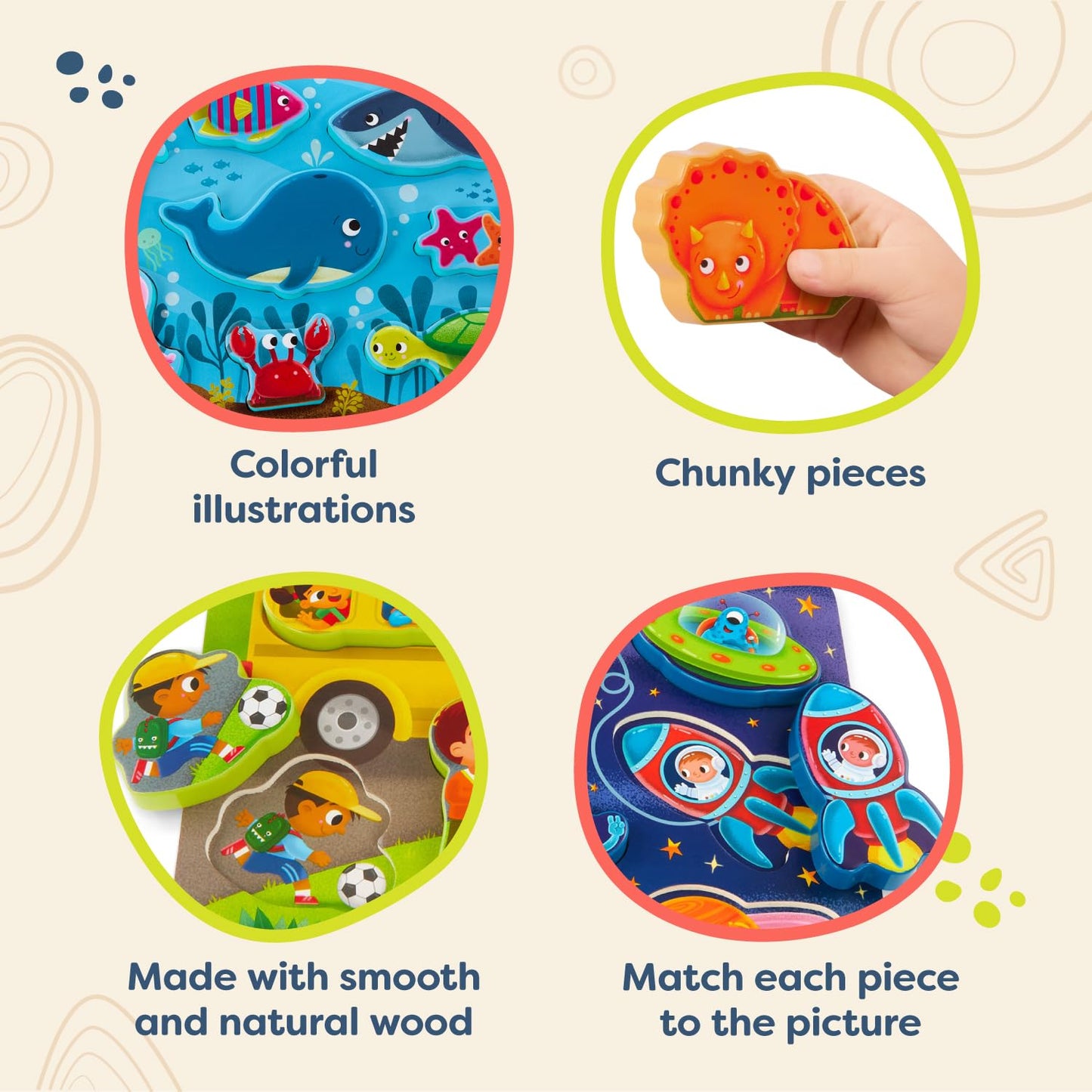 B. Toys- Peek & Explore 4-Pack: Bus, Sea, Space, Dino- Chunky Puzzle 4-Pack – Wooden Puzzles – Sea, Space, Bus, Dinos – 8 Pieces Each – 2 Years +