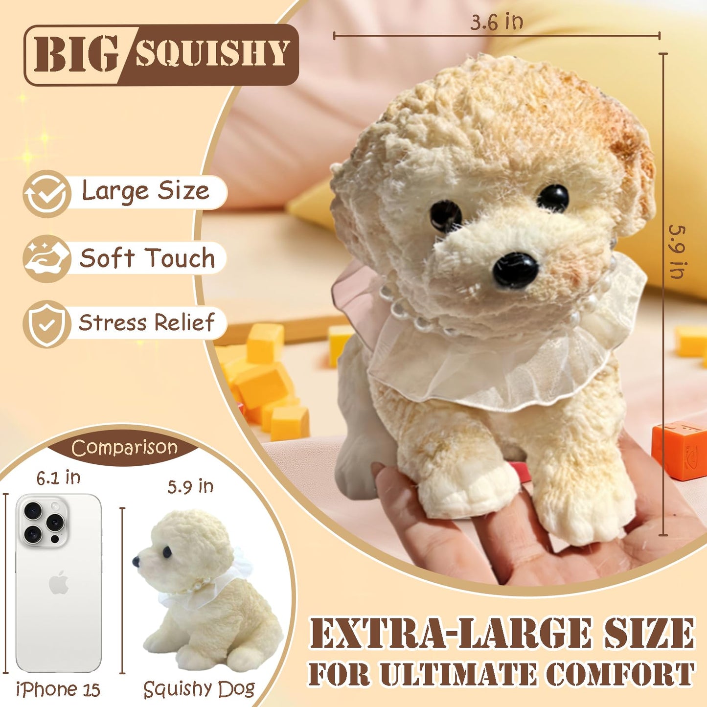 Big taba Squishy Dog  Handmade Squishy Dog Stress Relief Toy for mature-themed/Kids  Cute & Soft Teddy Dog Design  Perfect Squeeze Toys Gift for Relaxation and Fun(Cream Color)